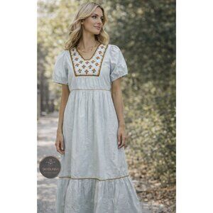 Ex Voto Hayes S Embroidered Maxi Whispering Blue Prairie Boho Cotton Dress $289